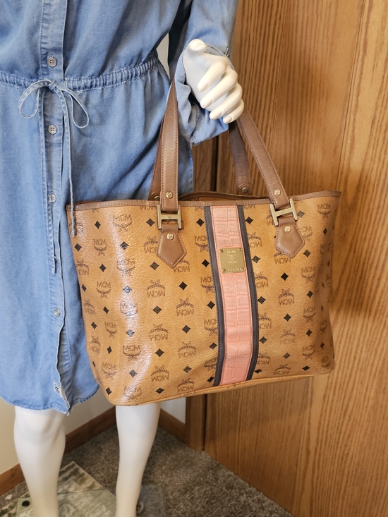 MCM Handbags - MCM Cognac Monogram Tote with Pink Center Stripe